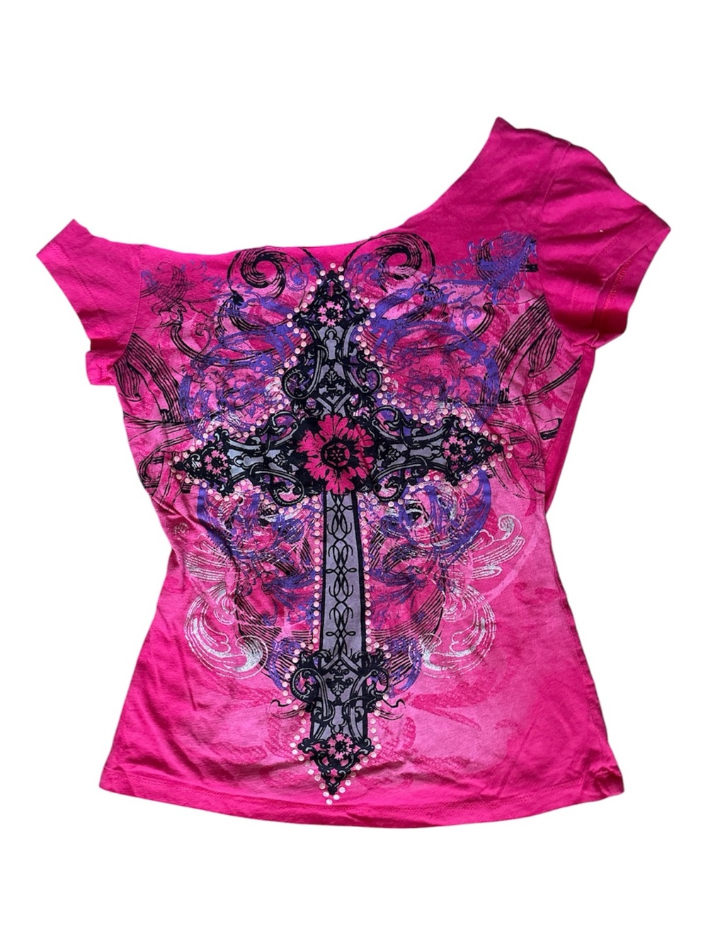 Reworked Hot Pink Off The Shoulder Gothic Cross Graphic Tee